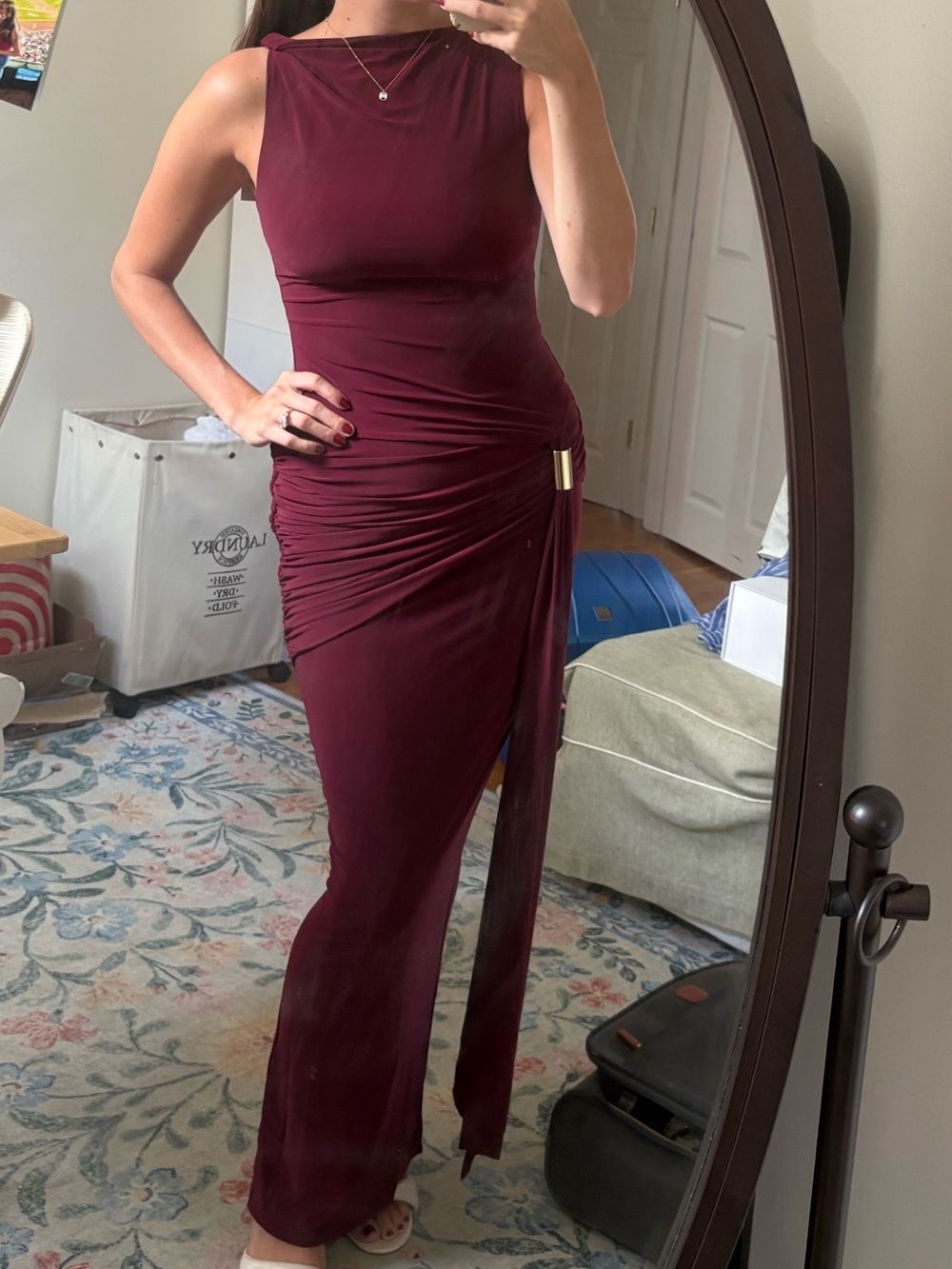 Club L London DECADENCE Burgundy High-Neck Wrapped Maxi Dress With Twist-Sleeve - Picture 5 of 5